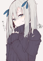Rule 34 | 1girl, beni shake, black sweater, blush, commentary request, grey background, grey eyes, grey hair, hair between eyes, hand up, long sleeves, looking at viewer, original, parted lips, ribbed sweater, sidelocks, signature, simple background, sleeves past wrists, solo, sweater, translation request, turtleneck, turtleneck sweater, twintails