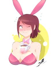 Rule 34 | 1girl, aetherion, animal ears, blush, bow, bowtie, breasts, brown hair, rabbit ears, cleavage, coffee, coffee mug, cup, detached collar, fake animal ears, flying sweatdrops, highres, large breasts, mug, object on breast, one eye closed, original, playboy bunny, ponytail, signature, smile, solo, steam, sweat, upper body, wavy mouth