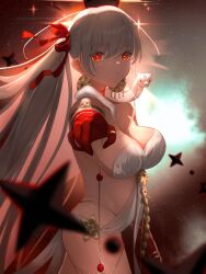 Rule 34 | 1girl, 7tade koko, armlet, backlighting, bare shoulders, belly chain, body markings, bracelet, breasts, cleavage, colored skin, durga (fate), earrings, fate/grand order, fate (series), gradient skin, grey hair, hair ribbon, highres, jewelry, large breasts, long hair, looking at viewer, outstretched arm, pelvic curtain, pointing, pointing at viewer, red eyes, red skin, revealing clothes, ribbon, sash, side ponytail, sky, snake, solo, star (sky), starry sky, thighs, thumb ring, very long hair