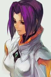 Rule 34 | 1girl, bodysuit, breasts, brown eyes, hungry clicker, lips, looking to the side, miang hawwa, purple hair, short hair, smile, solo, white background, xenogears