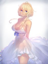 Rule 34 | 1girl, arm behind back, bare arms, bare shoulders, blonde hair, blue eyes, breasts, cleavage, collarbone, cowboy shot, dress, etrian odyssey, highres, large breasts, light smile, looking at viewer, no bra, phalanx (sekaiju), see-through, shiny skin, short hair, short hair with long locks, sideboob, sidelocks, signature, solo, standing, sundress, takamine nadare, thighs, white background