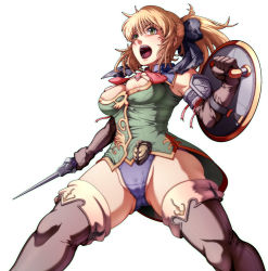 Rule 34 | 1girl, alternate color, bare shoulders, blonde hair, bow, caryo, cassandra alexandra, from below, gloves, green eyes, hair bow, leotard, muscular, necktie, open mouth, pink necktie, ponytail, shield, shoulder pads, solo, soul calibur, soulcalibur, soulcalibur iv, sword, tabigarasu, thighhighs, weapon