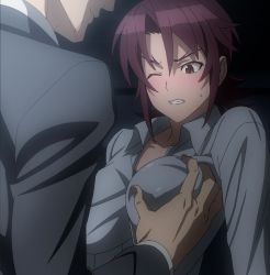 Rule 34 | 1boy, 1girl, blush, breasts, clenched teeth, grabbing, grabbing another&#039;s breast, hetero, highres, one eye closed, screencap, simple background, standing, stitched, teeth, third-party edit, triage x, tsurugi miki, wince