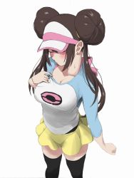 Rule 34 | 1girl, black thighhighs, blush, bow, breasts, cleavage, closed eyes, creatures (company), double bun, game freak, hair bun, large breasts, long hair, nintendo, nishikino kee, pink bow, pokemon, pokemon bw2, raglan sleeves, rosa (pokemon), simple background, skirt, solo, sweat, thighhighs, twintails, very long hair, visor cap, white background, yellow skirt