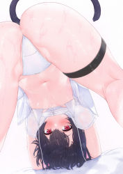 Rule 34 | 1girl, absurdres, all fours, ass, bad id, bad pixiv id, bikini, black hair, blush, breasts, cameltoe, cat tail, closed mouth, commentary request, from behind, highres, idolmaster, idolmaster shiny colors, kneepits, looking at viewer, looking back, morino rinze, navel, open clothes, open shirt, red eyes, shirt, short sleeves, simple background, small breasts, solo, stomach, swimsuit, tail, thigh strap, tutinako, untied bikini, wet, white bikini, white shirt