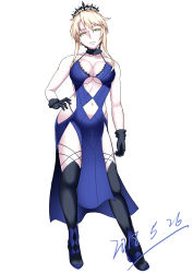 Rule 34 | 1girl, 2018, alternate breast size, artoria pendragon (alter swimsuit rider) (fate), artoria pendragon (alter swimsuit rider) (third ascension) (fate), artoria pendragon (fate), bare shoulders, black gloves, black thighhighs, blonde hair, breasts, cleavage, clothing cutout, dated, fate/grand order, fate (series), gloves, hand on own hip, highres, hip focus, large breasts, long hair, navel, navel cutout, shiki (love-saber), solo, thighhighs, tiara, white background, yellow eyes