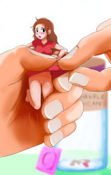 Rule 34 | 1boy, 1girl, arrietty, ass, blush, breasts, brown hair, condom, giant, karigurashi no arrietty, long hair, mini person, minigirl, okamisaga, open mouth, pussy, restrained, size difference, studio ghibli, undressing, undressing another