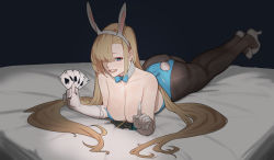 Rule 34 | 1girl, animal ears, ass, asuna (blue archive), asuna (bunny) (blue archive), black background, black pantyhose, blonde hair, blue archive, blue bow, blue bowtie, blue eyes, blue leotard, blush, bow, bowtie, breasts, card, cleavage, commentary, detached collar, elbow gloves, english commentary, fake animal ears, fake tail, full body, gloves, hair over one eye, high heels, highres, holding, holding card, hong doo, index finger raised, large breasts, legs together, leotard, long hair, looking at viewer, lying, mole, mole on breast, on bed, on stomach, open mouth, pantyhose, playboy bunny, playing card, rabbit ears, rabbit tail, smile, solo, strapless, strapless leotard, tail, very long hair, white footwear, white gloves