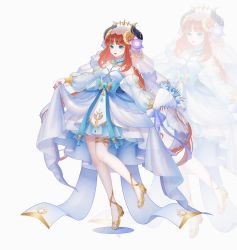 Rule 34 | 1girl, :d, absurdres, alternate costume, aqua eyes, bare shoulders, beads, blue bow, blue gemstone, blue nails, bouquet, bow, bracer, breasts, bridal veil, choker, circlet, detached sleeves, dress, fake horns, flower, frilled choker, frilled dress, frills, full body, gem, genshin impact, gold footwear, high heels, highres, holding, holding bouquet, horns, layered dress, legs, long sleeves, looking at viewer, mufei qian, nail polish, nilou (genshin impact), open mouth, puffy long sleeves, puffy sleeves, see-through, see-through sleeves, simple background, skirt hold, sleeveless, sleeveless dress, small breasts, smile, solo, standing, standing on one leg, tassel, thighlet, thighs, toenail polish, toenails, veil, wedding dress, white background, white choker, white dress, white headwear, zoom layer