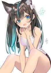 Rule 34 | 1girl, animal ear fluff, animal ears, bare shoulders, between legs, black shorts, blue eyes, blue hair, blush, bow, breasts, brown hair, cat ears, collarbone, dutch angle, feet out of frame, green eyes, hair between eyes, hair bow, hand between legs, knees up, looking at viewer, multicolored eyes, multicolored hair, open mouth, original, shorts, sidelocks, signature, simple background, sitting, sleeveless, small breasts, solo, spaghetti strap, strap slip, streaked hair, tank top, two-tone hair, white background, white tank top, yamahara