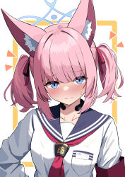 1girl alternate_hairstyle amenocchi animal_ear_fluff animal_ears blue_archive blue_eyes blue_halo blush crying fox_ears fox_platoon_(blue_archive) halo highres long_sleeves looking_at_viewer neckerchief niko_(blue_archive) pink_hair red_neckerchief sad sailor_collar school_uniform serafuku short_hair simple_background solo twintails