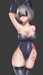 Rule 34 | 1girl, 4 am, absurdres, animal ears, arm behind head, arm up, armpits, bare shoulders, blindfold, breasts, cameltoe, cleavage, collarbone, covered erect nipples, covered navel, cowboy shot, fake animal ears, fingernails, grey background, grey leotard, grey thighhighs, groin, hair over one eye, hand on lap, highleg, highleg leotard, highres, large breasts, legs together, leotard, lips, looking at viewer, mole, mole under mouth, nier:automata, nier (series), nose, playboy bunny, rabbit ears, short hair, silver hair, simple background, skin tight, skindentation, solo, strapless, strapless leotard, thighhighs, 2b (nier:automata)