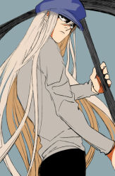 Rule 34 | 1boy, hat, holding, holding weapon, hunter x hunter, kilva lollop, kite (hunter x hunter), long hair, long sleeves, male focus, scythe, shaded face, simple background, solo, sweater, very long hair, weapon, white hair