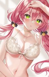 Rule 34 | 1girl, arm up, armpits, bare arms, bare shoulders, bra, breasts, breasts day, choker, cleavage, collarbone, green eyes, highres, hololive, large breasts, lingerie, long hair, looking at viewer, motsunuki, navel, parted lips, pink hair, sakura miko, solo, stomach, twintails, underwear, upper body, virtual youtuber, white bra