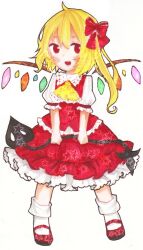 Rule 34 | 1girl, ascot, blonde hair, bow, emico, flandre scarlet, frilled ascot, frilled shirt collar, frilled skirt, frilled sleeves, frills, full body, hair between eyes, hair bow, holding, holding polearm, holding weapon, laevatein (touhou), mary janes, medium hair, multicolored wings, no headwear, one side up, open mouth, polearm, red bow, red eyes, red footwear, red skirt, red vest, shirt, shoes, simple background, skirt, skirt set, socks, solo, standing, teeth, touhou, upper teeth only, vest, weapon, white background, white shirt, white socks, wings, yellow ascot