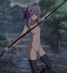 Rule 34 | 10s, 1girl, bow, breasts, collarbone, gloves, hair bow, highres, hiiragi shinoa, long hair, navel, nipples, nude, nude filter, outdoors, owari no seraph, purple hair, pussy, rain, red eyes, scythe, small breasts, solo, standing, thighhighs, third-party edit, tree, uncensored, weapon