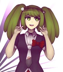 Rule 34 | 1girl, alternate breast size, alternate costume, arms up, bear hair ornament, black neckwear, black shirt, bow, bowtie, breasts, child, collared shirt, danganronpa (series), danganronpa 3 (anime), green eyes, green hair, hair ornament, hands up, long eyelashes, looking to the side, looking up, multicolored background, multicolored neckwear, necktie, night, night sky, official alternate costume, open mouth, palms, pleated skirt, pointing, pointing at self, purple sky, purple stripe, red bow, red skirt, shirt, simple background, skirt, sky, small breasts, star (sky), teeth, tongue, towa monaca, twintails, upper body, upper teeth only, white neckwear