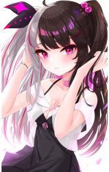 Rule 34 | 1girl, absurdres, ahoge, bare shoulders, black dress, black hair, black ribbon, blush, bracelet, breasts, choker, cleavage, clothing request, collarbone, commentary request, dress, eyebrows, hair bobbles, hair ornament, hair ribbon, hands in hair, hands up, highres, jewelry, kei-chan (ultimatekeichan), long hair, looking at viewer, multicolored hair, nijisanji, off shoulder, petals, rabbit ornament, red eyes, ribbon, short sleeves, solo, split-color hair, streaked hair, translation request, twintails, two-tone hair, upper body, virtual youtuber, x hair ornament, yorumi rena