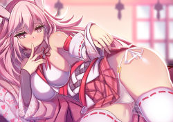 Rule 34 | 1girl, animal ears, bare shoulders, blurry, blurry background, breasts, closed eyes, fox ears, heart, heart-shaped pupils, honkai (series), honkai impact 3rd, indoors, japanese clothes, lao meng, large breasts, long hair, looking at viewer, miko, panties, pink eyes, pink hair, pink skirt, pussy juice, skirt, smile, solo, string panties, symbol-shaped pupils, thighhighs, underwear, white panties, white sleeves, white thighhighs, yae sakura, yae sakura (gyakushinn miko)
