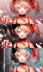 Rule 34 | 1girl, bow, bow choker, chinese commentary, choker, collarbone, commentary request, crying, crying with eyes open, falling petals, film grain, glitch, glowing, glowing petals, grey background, hair bow, hand up, highres, holding hands, kaname madoka, kong tiao bo zi, looking at viewer, magical girl, mahou shoujo madoka magica, mahou shoujo madoka magica (anime), multiple views, open mouth, out of frame, petals, pink eyes, pink hair, portrait, progression, red choker, red ribbon, ribbon, short hair, short twintails, solo focus, soul gem, straight-on, tears, twintails