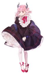 Rule 34 | 1girl, black dress, blush, bow, bowtie, closed mouth, collared dress, commentary, curled horns, dress, dress tug, floating clothes, floating hair, frills, full body, highres, horns, jamu (yakinikuoi4), juliet sleeves, long sleeves, looking at viewer, original, pantyhose, petticoat, pink hair, puffy sleeves, purple eyes, red bow, red bowtie, red footwear, shoes, short hair, sidelocks, simple background, smile, solo, standing, symbol-only commentary, v arms, white background, white pantyhose