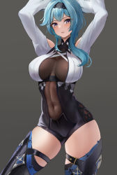 Rule 34 | 1girl, absurdres, arms behind head, arms up, black background, black leotard, black thighhighs, blue hair, breasts, commentary request, covered navel, dylanlin, eula (genshin impact), genshin impact, grey eyes, hair between eyes, hair ornament, hairband, highres, large breasts, leotard, long hair, long sleeves, looking at viewer, parted lips, sidelocks, simple background, smile, solo, thighhighs, zettai ryouiki