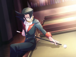 Rule 34 | 1boy, aiming, ball, black hair, buttons, commentary request, creatures (company), cue stick, game freak, grimsley (pokemon), hair between eyes, highres, holding, holding cue stick, indoors, jacket, long sleeves, male focus, momoji (lobolobo2010), nintendo, pants, parted lips, pokemon, pokemon bw, sitting, sitting sideways, solo, wooden floor