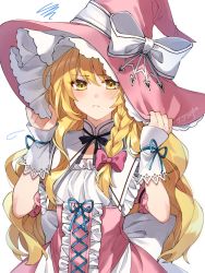 Rule 34 | 1girl, alternate color, blonde hair, blue ribbon, bow, braid, buttons, center frills, dress, enoki 3106, frilled dress, frills, hair bow, hat, hat bow, kirisame marisa, light blush, long hair, pink bow, pink dress, pink hat, puffy sleeves, ribbon, short sleeves, side braid, simple background, single braid, solo, touhou, white background, white legwear, witch hat, yellow eyes