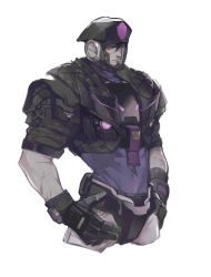 Rule 34 | 1boy, absurdres, beret, black gloves, black hair, black hat, black jacket, body armor, chinese commentary, cropped legs, decepticon, gloves, grey pants, hair between eyes, hands on own hips, hat, highres, humanization, jacket, looking at viewer, male focus, metal gloves, pants, purple shirt, red eyes, shirt, solid eyes, solo, tarn, the transformers (idw), transformers, vetania, white background