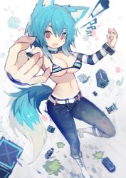 Rule 34 | 1girl, :d, animal ear fluff, animal ears, aqua hair, belt, boots, bra, breasts, cleavage, collar, cross-laced footwear, fang, highres, looking at viewer, mamuru, midriff, navel, open mouth, original, red eyes, romaji text, short hair, smile, solo, striped bra, striped clothes, tail, underboob, underwear