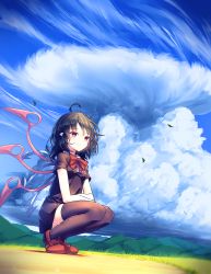 Rule 34 | 1girl, absurdres, ahoge, asymmetrical wings, black dress, black hair, black thighhighs, blue sky, blue wings, bow, bowtie, breasts, center frills, cloud, commentary request, dated, day, dress, footwear bow, frills, full body, grass, highres, hill, houjuu nue, kisamu (ksmz), leaf, looking at viewer, outdoors, pointy ears, red bow, red bowtie, red eyes, red footwear, red wings, shadow, shoes, short dress, short hair, short sleeves, sky, small breasts, smile, solo, squatting, thighhighs, thighs, touhou, wings, zettai ryouiki