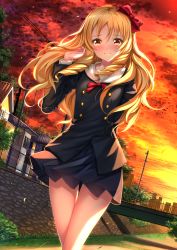 Rule 34 | 10s, 1girl, blazer, blonde hair, blouse, blush, bow, breasts, brown eyes, building, cloud, cloudy sky, collarbone, contemporary, drill hair, eromanga sensei, evening, hair bow, hairband, highres, jacket, lips, long hair, looking at viewer, miniskirt, outdoors, pleated skirt, pointy ears, red bow, school uniform, see-through, shirt, skirt, sky, small breasts, solo, swordsouls, thighs, twin drills, wavy hair, white shirt, yamada elf