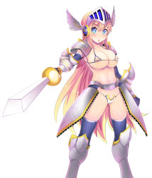 Rule 34 | 1girl, absurdres, armor, bikini, bikini armor, blonde hair, blue eyes, blush, breasts, dungeons &amp; princess, covered erect nipples, gloves, greaves, highres, large breasts, open mouth, pauldrons, shoulder armor, solmonte, solo, swimsuit, sword, takashi moritaka, thighhighs, weapon