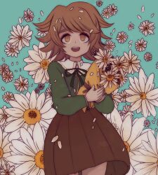 Rule 34 | 1boy, :d, brown eyes, brown hair, brown skirt, bulbacactus, daisy, danganronpa: trigger happy havoc, danganronpa (series), feet out of frame, flower, fujisaki chihiro, green background, green jacket, green ribbon, hair flower, hair ornament, highres, jacket, long sleeves, male focus, neck ribbon, open mouth, pleated skirt, ribbon, skirt, smile, solo, teeth, trap, upper teeth only, white flower