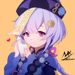 Rule 34 | 1girl, artist name, baby bottle, blue jacket, bottle, braid, brown background, closed mouth, genshin impact, hair ornament, hands up, hat, heart, highres, holding, holding bottle, jacket, long hair, long sleeves, ofuda, purple eyes, purple hair, purple hat, qingdai guanmao, qiqi (genshin impact), shimmer, simple background, single braid, sitting, sleeves past wrists, smile, solo, wide sleeves