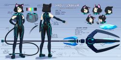 Rule 34 | 1girl, absurdres, animal ears, aqua eyes, bare shoulders, black hair, bodysuit, cape, cat ears, cat girl, character sheet, color guide, commentary, crystal, detached sleeves, electric plug, english commentary, fingerless gloves, from behind, full body, gloves, hands on own hips, haqu (suweeka), highres, looking at viewer, multiple views, original, polearm, short hair, suweeka, tail, upper body, weapon