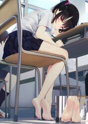 Rule 34 | 1boy, 2girls, :o, barefoot, black hair, blue skirt, book, chair, classroom, commentary request, commission, desk, feet, from below, hair bobbles, hair ornament, holding, holding pencil, kamizaki hibana, looking at viewer, miniskirt, multiple girls, one side up, original, parted lips, pencil, pink eyes, pixiv commission, pleated skirt, school chair, school desk, school uniform, shirt, short sleeves, sitting, skirt, soles, solo focus, white shirt