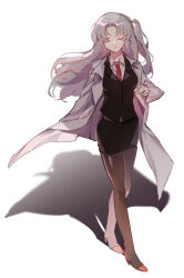 Rule 34 | 1girl, angela (project moon), black jacket, black skirt, blue hair, brown pantyhose, closed eyes, closed mouth, collared shirt, full body, highres, jacket, lab coat, lobotomy corporation, long hair, long sleeves, munjiduck, necktie, one side up, pantyhose, pencil skirt, project moon, red necktie, shirt, simple background, skirt, solo, very long hair, white background, wing collar