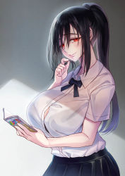 Rule 34 | 1girl, :&gt;, black hair, black skirt, blush, book, breasts, cleavage, closed mouth, collared shirt, commentary request, dress shirt, from side, hair between eyes, hair over eyes, high ponytail, holding, holding book, holding own hair, huge breasts, long hair, looking at viewer, open book, original, pleated skirt, ponytail, red eyes, shirt, skirt, smile, solo, upper body, white shirt, wing collar, zhen lu