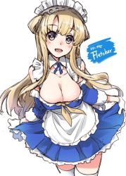 Rule 34 | 1girl, alternate costume, apron, bikini, blonde hair, blue dress, blue eyes, breasts, character name, cleavage, clothes lift, commentary request, cowboy shot, detached collar, double bun, dress, dress lift, enmaided, fletcher (kancolle), frilled apron, frilled bikini, frills, fujii jun, hair bun, hairband, kantai collection, large breasts, lifted by self, long hair, looking at viewer, maid, maid headdress, neckerchief, sailor collar, smile, solo, swimsuit, thighhighs, white apron, white thighhighs, yellow neckerchief