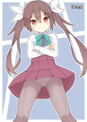 Rule 34 | 1girl, alternate costume, artist name, bow, bowtie, brown hair, collared shirt, cosplay, dress, grey pantyhose, hair ribbon, highres, kantai collection, long hair, long sleeves, looking at viewer, panties, panties under pantyhose, pantyhose, pepatiku, pleated skirt, red eyes, ribbon, school uniform, shirt, skirt, smile, solo, tone (kancolle), twintails, underwear, white panties, white ribbon, white shirt, yuugumo (kancolle), yuugumo (kancolle) (cosplay)
