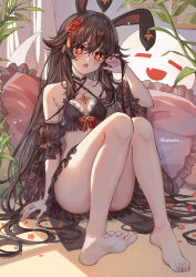 Rule 34 | 1girl, :o, alternate costume, animal ears, arm support, bare legs, bare shoulders, barefoot, black skirt, black sleeves, blush, boo tao (genshin impact), bow, breasts, brown hair, criss-cross halter, crop top, cushion, detached sleeves, fake animal ears, feet, flower, flower-shaped pupils, frilled skirt, frilled sleeves, frills, full body, genshin impact, ghost, hair between eyes, hair flaps, hair flower, hair ornament, halterneck, hand in own hair, hand up, highres, hu tao (genshin impact), jewelry, knees up, lace trim, legs, lixiang guo alice, long hair, looking at viewer, miniskirt, open mouth, petals, plant, plum blossoms, puffy short sleeves, puffy sleeves, rabbit ears, red bow, red eyes, red flower, ring, see-through, see-through sleeves, short sleeves, sidelocks, sitting, skirt, small breasts, soles, solo, symbol-shaped pupils, tassel, tassel hair ornament, thighs, toes, very long hair