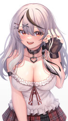 Rule 34 | 1girl, absurdres, aoi zerii, black collar, black gloves, black hair, blush, breasts, camisole, cleavage, collar, collarbone, ear piercing, fingerless gloves, frilled camisole, frills, gloves, grey hair, hair ornament, heart collar, highres, hololive, large breasts, looking at viewer, multicolored hair, open mouth, piercing, red eyes, red skirt, sakamata chloe, sakamata chloe (1st costume), skirt, solo, streaked hair, virtual youtuber, white camisole, x hair ornament
