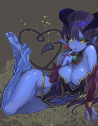 Rule 34 | 1girl, astaroth (shinrabanshou), barefoot, black sclera, blue hair, blue skin, breasts, cleavage, colored sclera, colored skin, demon girl, demon tail, feet, finger to mouth, highres, horns, large breasts, long hair, looking at viewer, pointy ears, shinrabanshou, soles, demon girl, tail, toes, yellow eyes