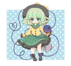 Rule 34 | 1girl, black footwear, black headwear, blue background, commentary, dated, frilled skirt, frills, full body, green eyes, green hair, green skirt, heart, heart of string, komeiji koishi, long sleeves, looking at viewer, open mouth, polka dot, polka dot background, shirt, short eyebrows, short hair, signature, skirt, solo, symbol-only commentary, teeth, third eye, touhou, upper teeth only, yaco (nuitnotte), yellow shirt