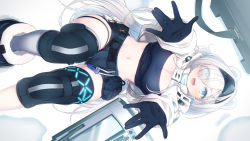 Rule 34 | 1girl, absurdres, arknights, aurora (arknights), aurora (elite ii) (arknights), black footwear, black gloves, black hairband, black shorts, black tube top, blue eyes, blush, boots, breasts, cleavage, cropped jacket, eyes visible through hair, feet out of frame, fur-trimmed boots, fur trim, gloves, groin, hair over one eye, hairband, highres, infection monitor (arknights), jacket, knee pads, long hair, looking at viewer, lying, medium breasts, midriff, navel, on back, open mouth, outstretched arms, seto tinami, shorts, solo, strapless, thigh ring, tube top, very long hair, white hair, white jacket