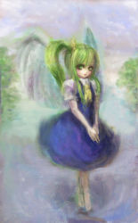 Rule 34 | 1girl, :o, barefoot, blue dress, daiyousei, dress, female focus, floating, full body, green eyes, green hair, hiepita (1014), highres, long hair, matching hair/eyes, puffy short sleeves, puffy sleeves, short sleeves, side ponytail, solo, touhou, v arms, wings