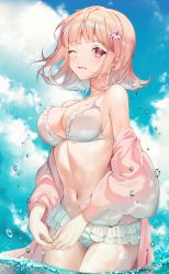 Rule 34 | 1girl, bare shoulders, bikini, blue sky, breasts, cleavage, cloud, cloudy sky, collarbone, commentary request, cowboy shot, danganronpa (series), danganronpa 2: goodbye despair, day, flipped hair, frilled bikini, frills, from below, hair ornament, hairclip, highres, in water, jacket, kinty, long sleeves, looking at viewer, medium breasts, medium hair, mole, mole on breast, nanami chiaki, navel, off-shoulder jacket, off shoulder, official alternate costume, one eye closed, open mouth, outdoors, parted lips, pink eyes, pink hair, pink jacket, sky, solo, stomach, swimsuit, thighs, wading, water, water drop, white bikini