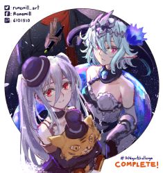 Rule 34 | 1boy, 2girls, absurdres, artist self-insert, bare shoulders, blue flower, blue hair, breasts, bright pupils, cleavage, closed mouth, commentary, dress, elbow gloves, english commentary, flower, gloves, granblue fantasy, grey dress, grey hair, hair between eyes, hair flower, hair ornament, hat, highres, holding, holding pen, holding stuffed toy, horns, looking at viewer, medium breasts, medium hair, multiple girls, orchis, pen, pink eyes, pointy ears, red eyes, runemill, shadowverse, smile, stuffed animal, stuffed cat, stuffed toy, top hat, twintails, white pupils, whitefrost dragonewt filene