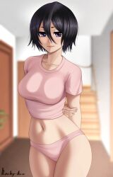 Rule 34 | 1girl, alternate breast size, alternate costume, arms behind back, artist name, black hair, bleach, blurry, blurry background, breasts, closed mouth, clothes lift, collarbone, contrapposto, cowboy shot, hair between eyes, highres, holding own arm, indoors, kuchiki rukia, large breasts, lips, looking at viewer, midriff, navel, no pants, panties, pink panties, pink shirt, purple eyes, rocky-ace, shirt, shirt lift, short hair, short sleeves, smile, solo, thighs, underwear